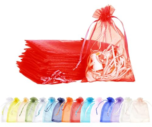 MORAINJAY 100 stycken röda organzapåsar, 7 x 9 cm, liten presentpåse, organza-påsar, med dragsko, som bröllopsgodispåse, smyckesväska, julklappar, födelsedagsfest