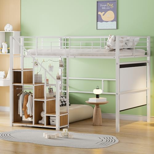 Loftsäng 140 x 200 med säkerhetsstege, lagringsutrymme och tvättlina, barnsäng/ungdomssäng, av metall, vit, max. 120 kg, utrymmesbesparande för små rum, utan madrass