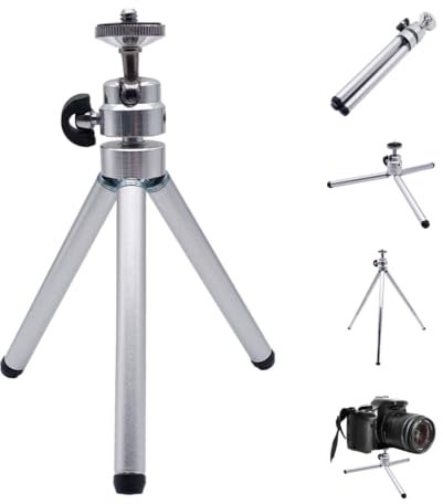 BullTek - Mini Tripod Table Stand | 3 Adjustable Heights (7/14/26 cm) | 360° Ball Head | 1/4 Screw for DSLR, Mirrorless, Smartphones | Portable & Foldable, Silver, Metal