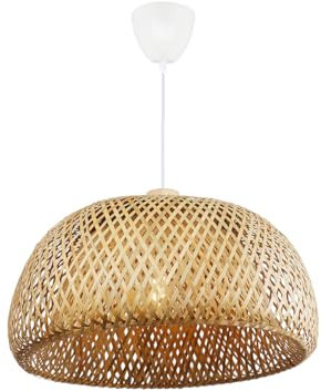 Alpinaluz Lámpara Colgante de Mimbre Natural ø480mm Pantalla Doble Capa en Forma de Hemisfera, Portalámpara de Madera, Cable Blanco Ajustable, Ideal para Techo, Salón, Comedor, Dormitorio