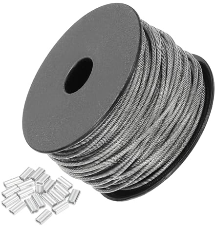 PATIKIL Wire Rope 100 ft, 304 Stainless Steel Cable 3/32inch(1.5 mm) 7x7 Strands Black Vinyl Coated with 50pcs Aluminum Crimping Sleeves for Deck Railing, Transparent