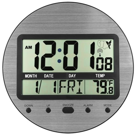 Atomic Digital Wall Clock Battery Operated, Self-Setting, Large Display with Temperature, Date, Day of The Week, Seconds, Round Wall Mount Digital Clock - 4 Time Zones, DST, Aluminum Metal Dial