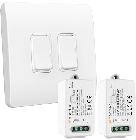 Candeo Wireless Kinetic Dual Light Switch (2-Gang) & 2 x RF Receiver Module Kit | No Wiring or Batteries Needed | Easy Installation & Eco-Friendly Modular Lighting Control | Customise Your Lights