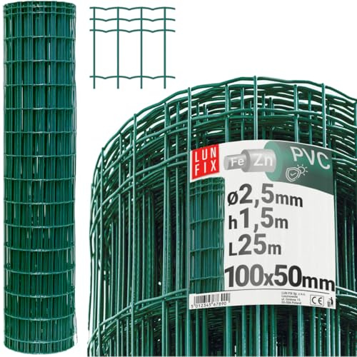 Maschendrahtzaun 10 x 5 cm Ø 2.5 mm 1.5 m x 25 m verzinkter Stahl Grün | PVC-beschichtet, Gartenzaun Hundezaun Wildzaun Hühnerzaun Drahtgitter Zaun Schweißgitter