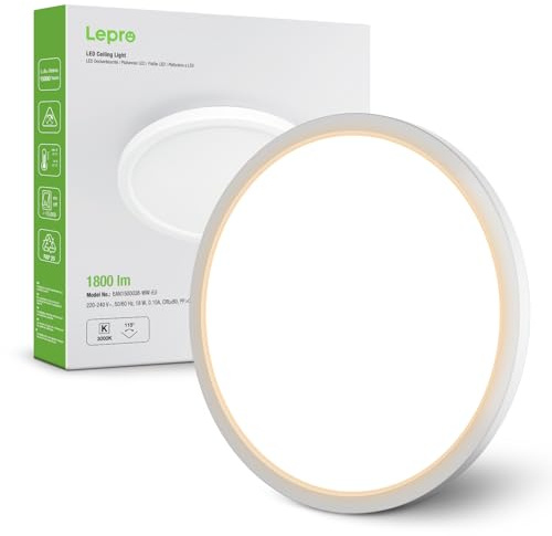 Lepro Lámpara LED Techo Cocina, Blanco Cálido 3000k, 18W 1800LM Pláfon LED Techo, IP44 Impermeable, Ultrafino 2,6cm, Redonda, Moderna Luz Empotrada para Baño, Cocina, Dormitorio, Pasillo, Ø22cm
