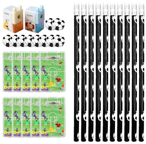 AIZHAZHA 10 Fußball Bleistifte, Fußball Mitgebsel Kinder, 10 Fußball Radiergummi, 10 Flipperspiel Fußball Spielfeld, 2 Anspitzer mit Behälter für Schule Büro Kindergeburtstag Gastgeschenke