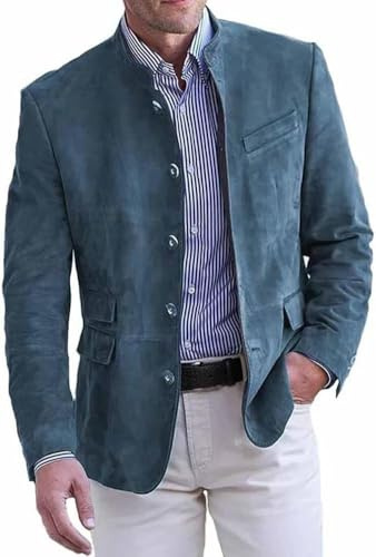 Blazer da Uomo con Colletto alla Coreana retrò alla Moda Autunnale e Invernale Blazer Casual da Lavoro in Finta Pelle Scamosciata Giacca Monopetto Leggera Classica