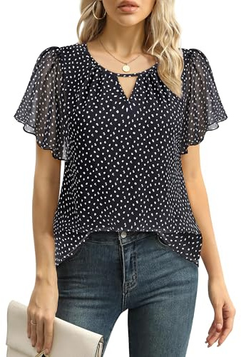 Gaharu Camicia da donna elegante a maniche corte, estiva, business, casual, scollo rotondo, maniche a volant, in chiffon, con fiori, A pois neri, XL