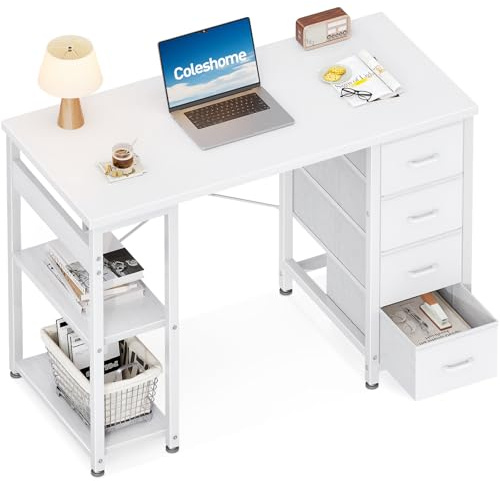 Coleshome Escritorio Pequeño con 4 Cajones de Tela, 100x40cm Escritorio con con Estantes Reversible, Mesa Ordenador Mesa de Estudio para Oficina, Dormitorio, Blanco