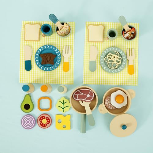 36Pcs Wooden Play Food and Kitchen Accessories Set, Wooden Play Cooking Set Kids Pretend Kitchen Toys Includes Plates/Pots/Bowls/Cups/Cutlery/Fake Food, Role Play Toys Gift for Girls Boys 3+(set 1)