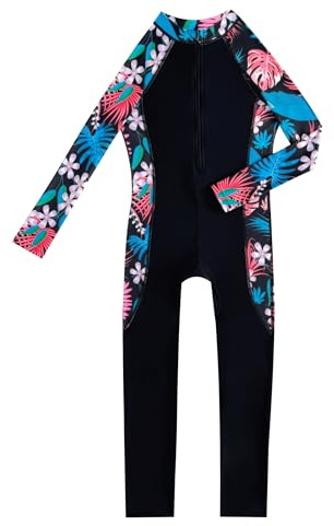 IMEKIS One Piece Swimsuit for Kid Girls Long Sleeve Floral Print Zipper Swimwear UPF 50+ Rash Guard Modest Full Body Surfing Swimming Suit for Water Sports Black 9-10 Years
