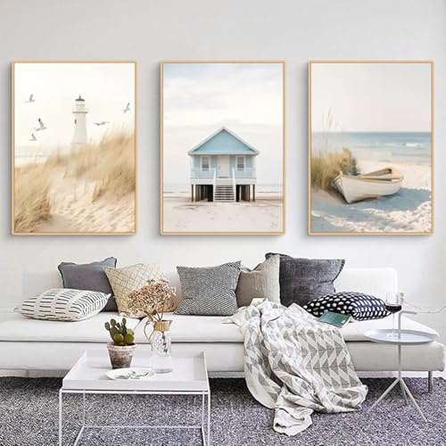Ueiwffzo 3er Poster Set, Strand Natur Szenerie Modern Wandbilder Leinwand Bilder Set, Meer Wellen Wandposter OHNE Rahmen Leinwand Wohnzimmer Deko Schlafzimmer Wanddeko (40x50cm,Stil B)