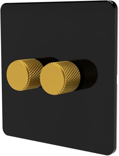 LED Dimmer Switch [Metal Knob/Plastic faceplate] 2-way Rotary Push On/Off for Dimmable LED and Halogen Lights, minimum brightness adjustable - Black/Gold 2-Gang