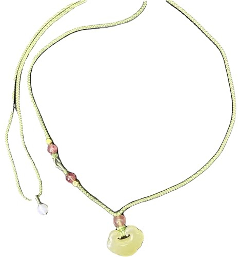 Collana con ciondolo a forma di lucchetto in giada naturale, stile tradizionale cinese, cordoncino intrecciato verde con perline di quarzo rosa. Gioielli di benedizione, potenziati con energia. La
