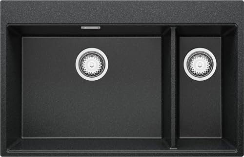 PRIMAGRAN Lavello da Cucina Grafite 78x50cm, Lavandino in Granito a 2 vasche + Sifone Classico, Lavabo Incasso al mobile 80cm - Oslo Duo S003