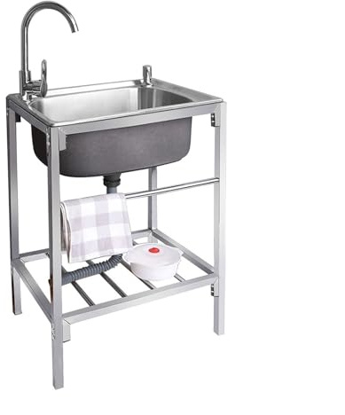 Lavello in Acciaio Inox Autoportante 1 Vasca con Rubinetto, pratico Lavelli multiuso toeletta autoportante, Giardino da Esterno lavando lavello Uso per Garage e Cortile,Ristorante,Lavanderia(53*38cm)