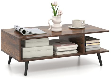 COSTWAY 2-Tier Coffee Table with Storage Shelf, Industrial/Modern Wooden Cocktail Center Table, Metal Legs Rectangle Accent Sofa Side Tea Tables for Living Room Office, 80x45x30cm (Rustic Brown)