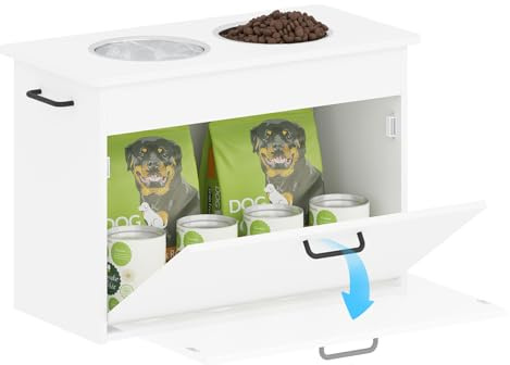 Hundenapf Erhöht Große Hunde, Weißer Futterschrank mit 2 Edelstahlnäpfen, Futterstation Hund mit Stauraum und 3 Griffen, Erhöhter Futternapf Hund, Hundebar Mittelgroße Hunde, 60x30x41cm