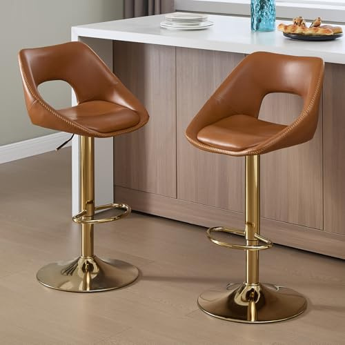Ya-Home Barhocker 2er Set, Barstühle höhenverstellbar, Küchenhocker 360° drehbar, Tresenhocker mit Rückenlehne, goldene Fußstütze, Kunstleder, Braun