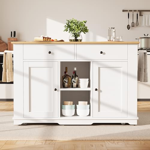 NADEUSAK Isla de cocina, carrito de cocina equipado con regleta, carrito de servir con encimera, armario de cocina con vetas de madera, 90 x 150 cm (blanco)