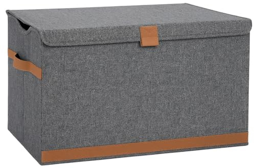 hausleben Faltbare Aufbewahrungsbox mit Deckel - Große Aufbewahrungstruhe aus Leinenoptik - Stabil mit Holz verstärkt - Sitzbank für Wohnzimmer & Schlafzimmer - 62,5x37,5x39,5 cm (Grau)