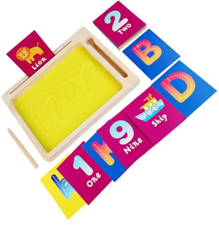 CIYODO Montessori Bandeja de Arena para de Letras y Números Juguete Educativo Sensorial para Desarrollo de Habilidades de Escritura y Dibujo Preescolares Material de Madera y Papel