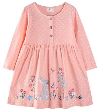 PythJooh Toddler Girl Rabbit Dress Little Kid Short Sleeve Polka Dots Cotton Dress with Flowers Rabbits Embroideries for 2-7Years