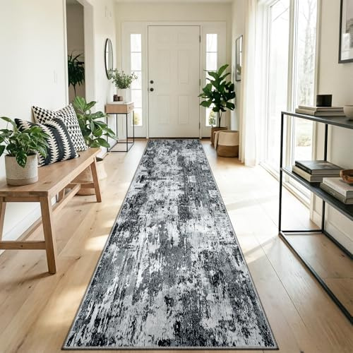DEFYNEE Teppich Läufer 60 x 300 cm, rutschfest Teppichläufer, Kurzflor Küchenläufer, Waschbar, Faltbar, Abstraktes Design für Eingang, Küche, Wohnzimmer & Büro, Schwarz