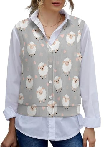 SWEET TANG Women's Sleeveless Cropped Knit Cardigan Casual Button Down Sweater Vest Tops Compatible with Cute Sheep, XX-Large