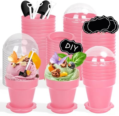 FYSUIMU 50 Set Plastic Cake Cups Pink Flowerpot Dessert Cup with Lid Shovel Spoon Bottom Tray Black Chalkboard Picks Ice Cream Yogurt Containers for Earth Day Birthday Party Supplies
