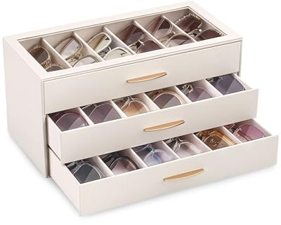 Lolalet 18 Slots Sunglasses Organiser Case for Women Men, 3-Layer Eyeglass Storage Holder Display Box with Clear Top Lid -Cream
