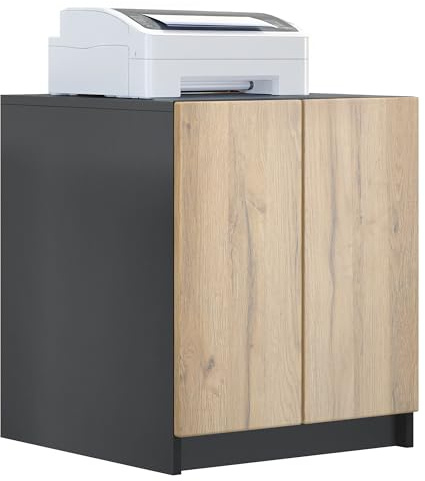 InnoFurn Druckerschrank Elona, Druckerkommode mit Soft-Close & Push-to-Open, Druckertisch, Büromöbel, Home Office & Büro, Schwarz/Eiche Evoke (51 x 60,5 x 54 cm)