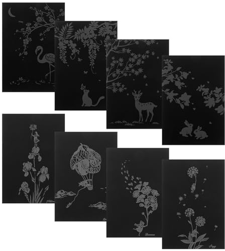 WEKADRIN 8 Stück Kratzmalerei für Selbstgemacht Rubbelkarte mit Pflanzenmotiven Kleines Kratzbild aus Schwarzem Papier Kreatives Bastelspielzeug für Reisen und Geschenk