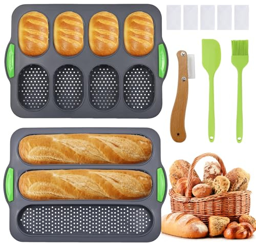 WPPQWP Silicone Baguette Baking Mould & Bun Baking Mould Set - 2-Piece Non-Stick Baking Tray Including Spatula, Brush & Baker's Knife