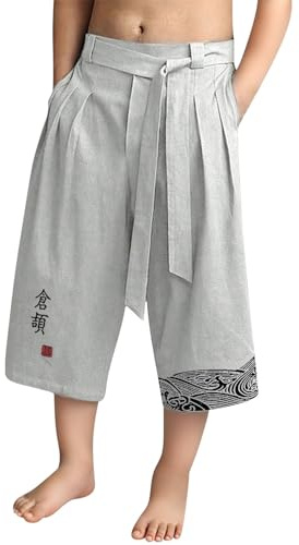 Boys Wide Leg Linen Bermuda Shorts Kids Baggy Summer Casual Clothes with Pockets Teens Japanese Kimono Traditional Pants Youths Loose Drawstring Outfit for 4-15 Years (Light Ashy, 13-14 Years)