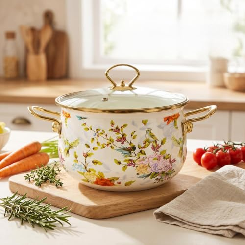 JISADER Enamel Stockpot 18cm Vintage Floral Stew Pot with Glass Lid and Gold Handles Decorative Saucepan for Kitchen Soup Simmering