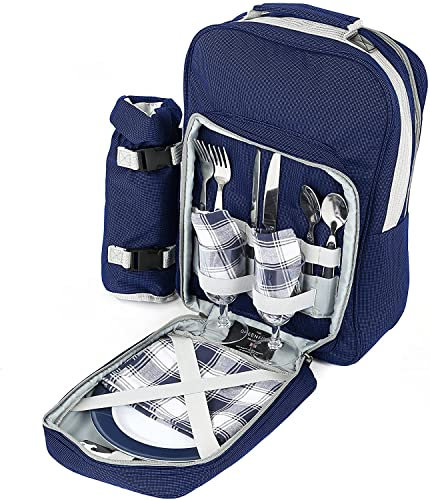 Greenfield Collection 2 Person Cooler Bag Picnic Set Rucksack; Lightweight Picnic Backpack Hamper; Includes Cutlery Set; Perfect Waterproof Coolbag Backpack for Camping/BBQ/Hiking - Blue