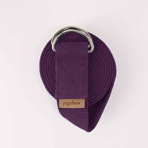 Yogabox Yogagurt Asana Belt Made in Germany aus 100% Baumwolle, mit Metallverschluss aus Zwei D-Ringen, Anfänger & Fortgeschrittene, 3 m, aubergine