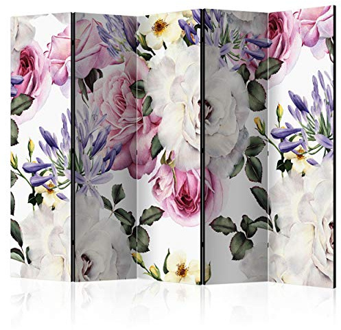 decomonkey Paravent Raumteiler Innen Blumen, 225x172 cm, 5-teilig | Beidseitig, Wohnzimmer, Room Divider, Wall, Raumteiler Stehend, Trennwand, Sichtschutz, Spanische Wand, Sichtschutzwand, Holz
