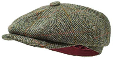 Borges & Scott Lomond Schirmmütze Newsboy – Schiebermütze aus 100% handgewebter Wolle - Harris Tweed - wasserabweisend - Feld Fischgrätenmuster 56cm