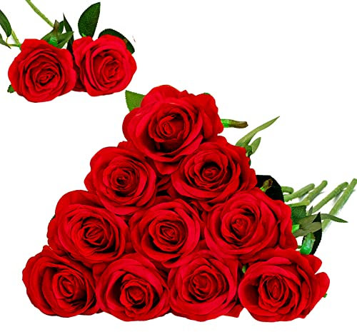 Floralsecret 12 Pcs Artificial Roses Flowers Silk Flower Bouquet Fake Single Stem with Long Stem for Home Wedding Party Garden Decoration(Red)