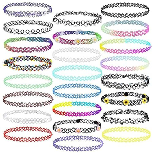 RosewineC 24 Stück Elastische Halskette, Stretch Tattoo Choker Kette Rainbow Armband Vintage Gummi Tattoo Halskette Henna Halsband für Mädchen Frauen Teen Kinder