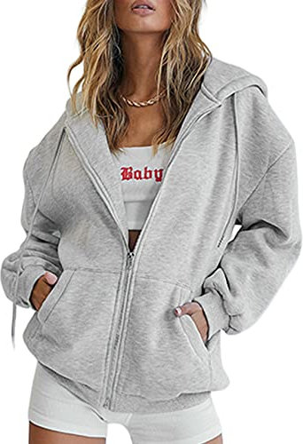 Geagodelia Damen Kapuzenjacke Kapuzenpullover Vintage Oversize Sweatjacke Sweatshirt College Jacke Übergangsjacke Zip Hoodie Hoody mit Kapuze (Grau (Dick, 600g), M)