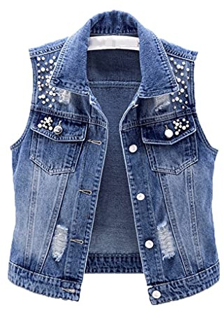 Yiwjby Chaleco Sin Mangas Para Mujer Chaleco De Mezclilla De Verano Moda Casual Chaqueta De Jeans Cortos Agujeros Con Cuentas Abrigo De Jeans Delgado Blue L