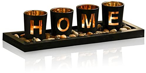 MrMrKura Home Decorative Candle Holder Set, 4 Glass Tea Light Candleholders with Wooden Candle Holders Tray, Natural Pebbles for Home Decor Table Decorations Centerpiece