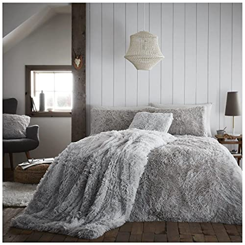 GC GAVENO CAVAILIA Sherpa Hug and Snug Teddy Fleece Duvet Set, Thermal Warm Fuzzy Teddy Bear Bedding, Extra Fluffy & Shaggy Single Quilt Covers Bedset With Pillowcase, Grey/Silver