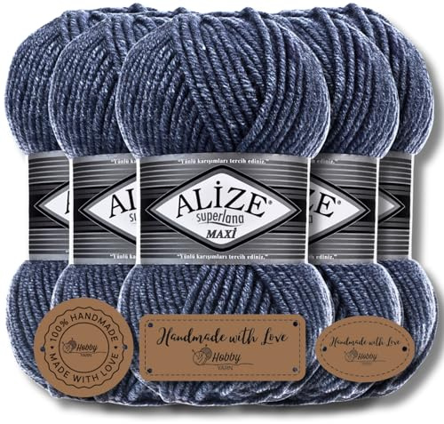 Alize 5 x 100g Superlana Maxi Türkische Premium Wolle Baumwolle und Acryl Uni Handstrickgarne, Yarn, Garn, Strickgarn, Einfarbig, Baby, zum Häkeln Stricken Kleidung Schals (Denim Melange - 203)