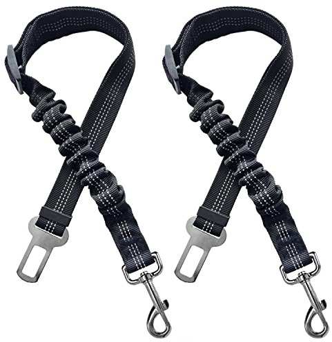 Xundefeng 2 Stücke Schwarz Elastische Hundegurt fürs Auto, Premium Hunde Anschnallgurt, Verstellbare Länge 60-100cm, für Under 40KG Groß, Mittlere, Kleine Hunde und Alle Autotype