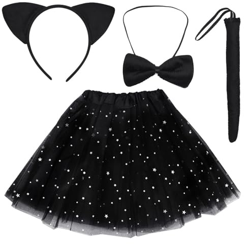 baotongle Katzen Tutu Set Kinder Damen Katze Ohren Schwanz Fliege Tutu Tier Kleid Set for Karneval Faschingskostüme