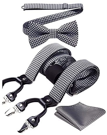 HISDERN Hosenträger Herren Hahnentritt Fliege Hosenträger und Einstecktuch Herren Set 3.5CM Breit Klassische Verstellbar Y Form Elastisch Mit 6 Extra Stark Clips Hochzeit Braces